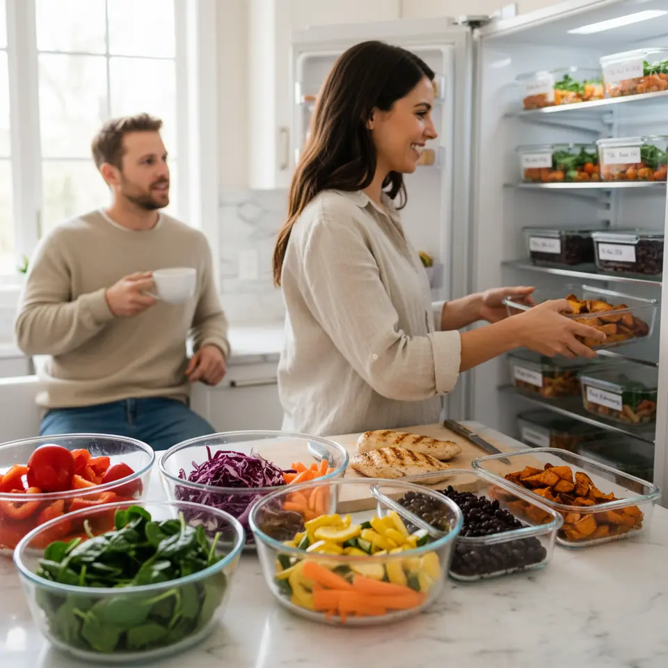 Meal Planning and Preparation – A vibrant kitchen countertop scene with colorful chopped vegetables in bowls, batch-cooked proteins (chicken, beans) neatly stored in glass containers, labeled portioned meals arranged in a refrigerator, and a notepad displaying a weekly menu plan in the background.