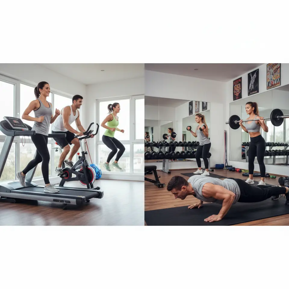 Combining Cardiovascular and Resistance Training – A split exercise illustration showing one side with cardio activities (running on a treadmill, cycling, HIIT jump squats) and the other side with resistance training (dumbbell curls, barbell squats, push-ups), capturing the synergy of aerobic and strength workouts.