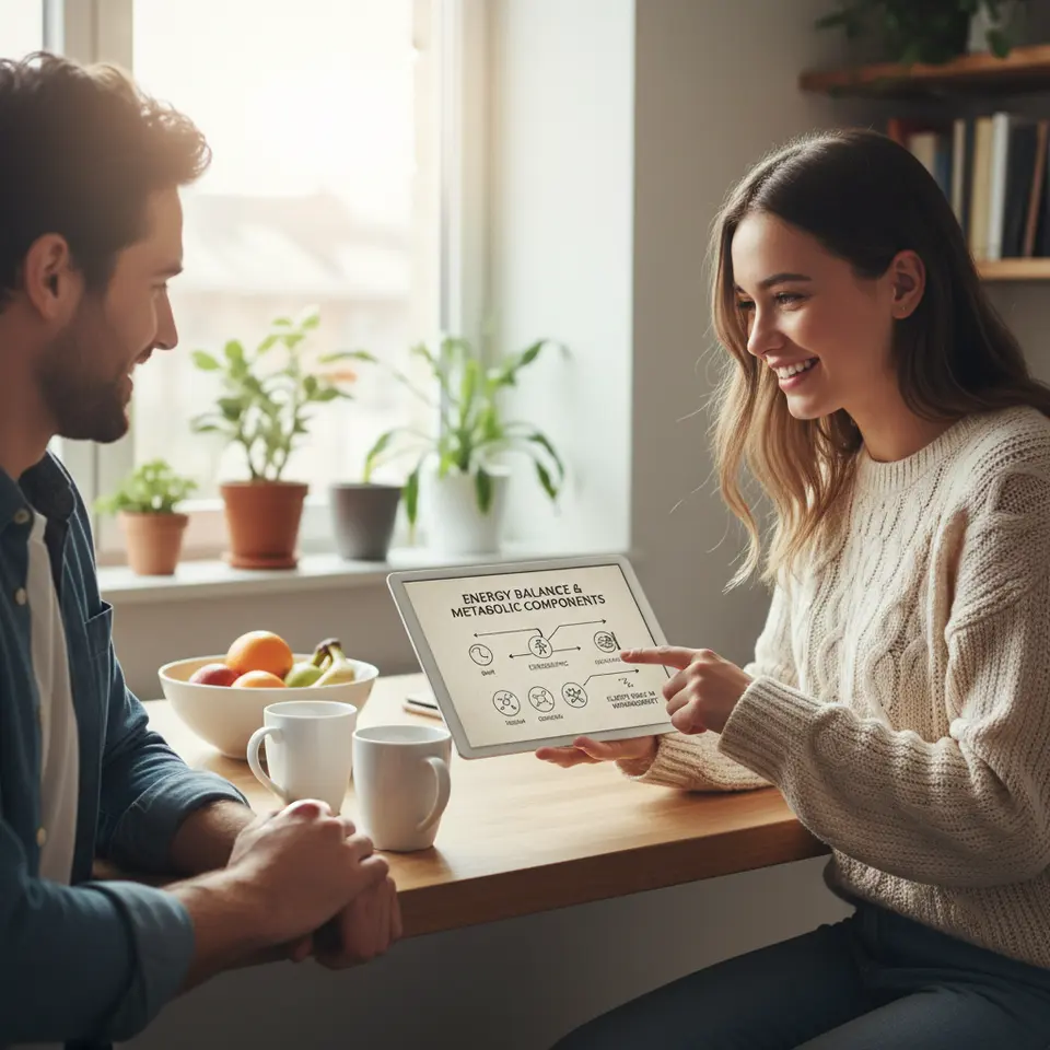 Energy Balance and Metabolic Components Infographic: A clear diagram contrasting ‘Calories In’ (food intake) with ‘Calories Out’ (BMR, NEAT, exercise/EPOC), featuring icons for key hormones (insulin, ghrelin, leptin) and a sleeping figure to illustrate sleep’s role in weight management.