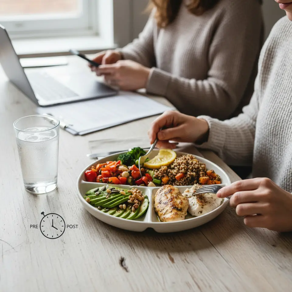 Macronutrient-Optimized Meal Plate Visualization: A top-down view of a plate divided into sections—lean protein (grilled chicken or fish), fiber-rich carbs (whole grains, colorful vegetables), healthy fats (avocado, nuts)—with a water glass and a small clock icon indicating pre- and post-workout meal timing.