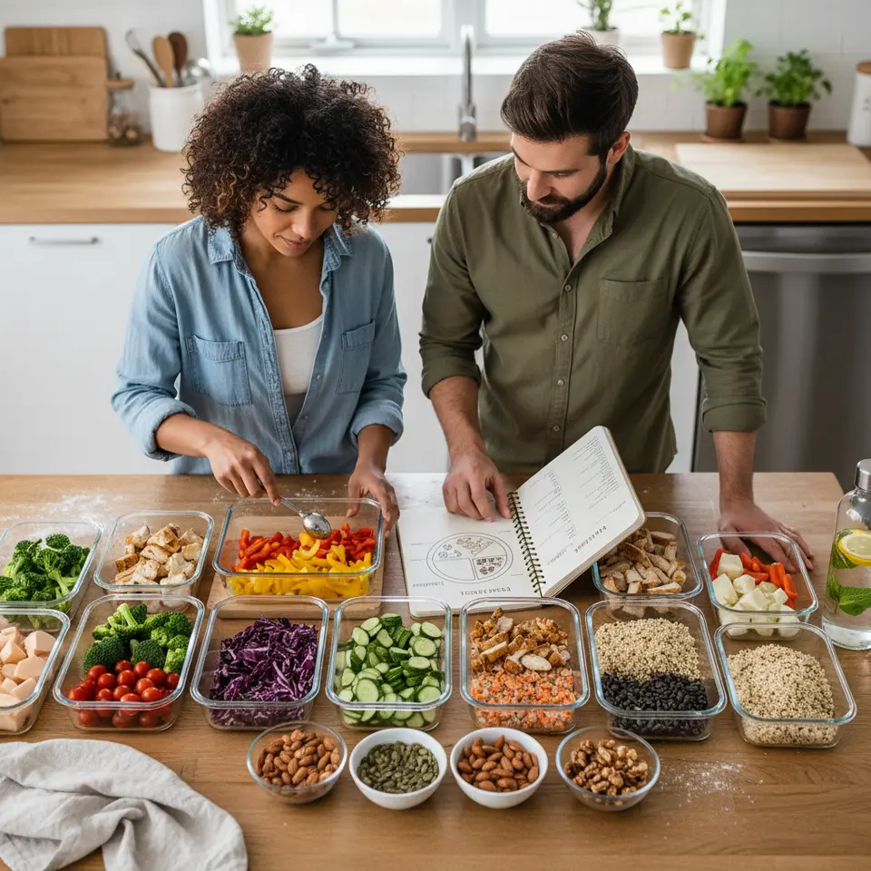 A bright, overhead view of a meal-prepping station: glass containers neatly arranged with colorful chopped vegetables, lean proteins (grilled chicken, legumes), whole grains, nuts and seeds; alongside measuring spoons, a recipe notebook open to a balanced-plate diagram, and an infused water bottle with lemon and mint, highlighting nutrient-dense foods for sustained energy.
