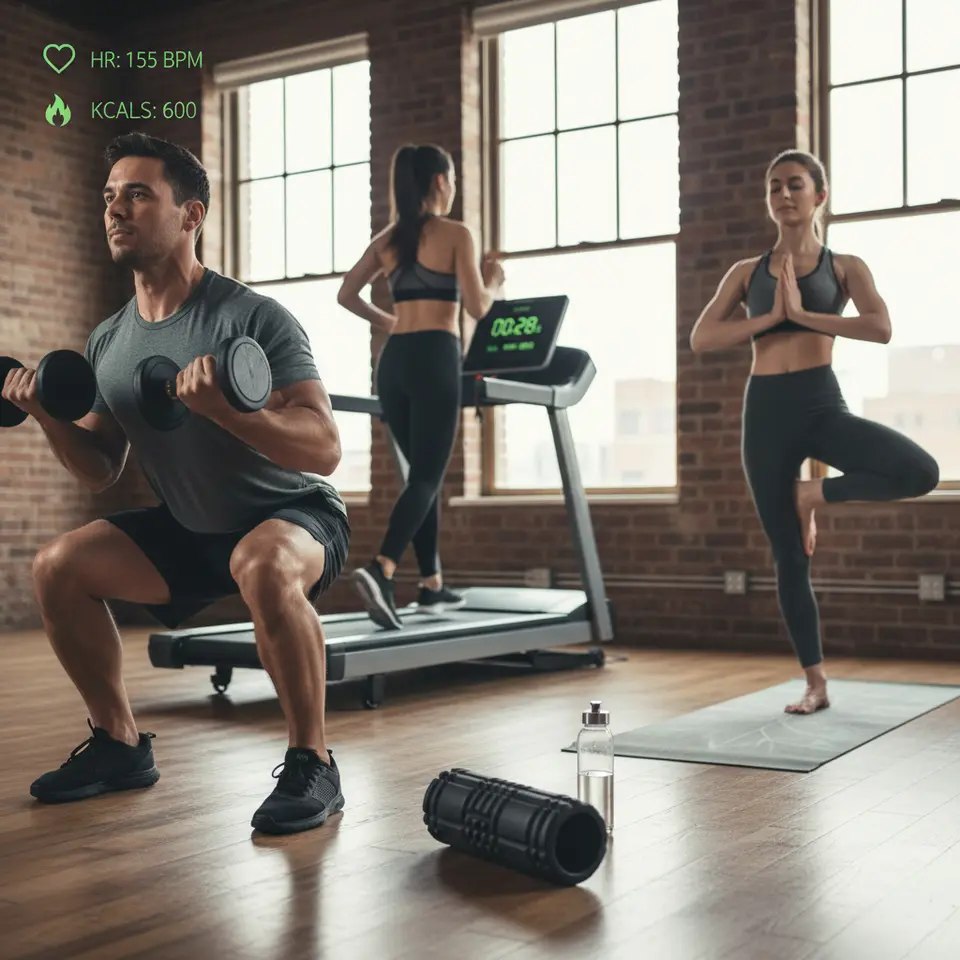 A dynamic fitness montage: one person performing compound strength moves (squat with dumbbells), another doing a high-intensity interval run on a treadmill with a visible timer countdown, a third in a yoga pose on a mat, and foam roller in the foreground; include subtle heart-rate and calorie-burn graphics to convey a holistic movement strategy.