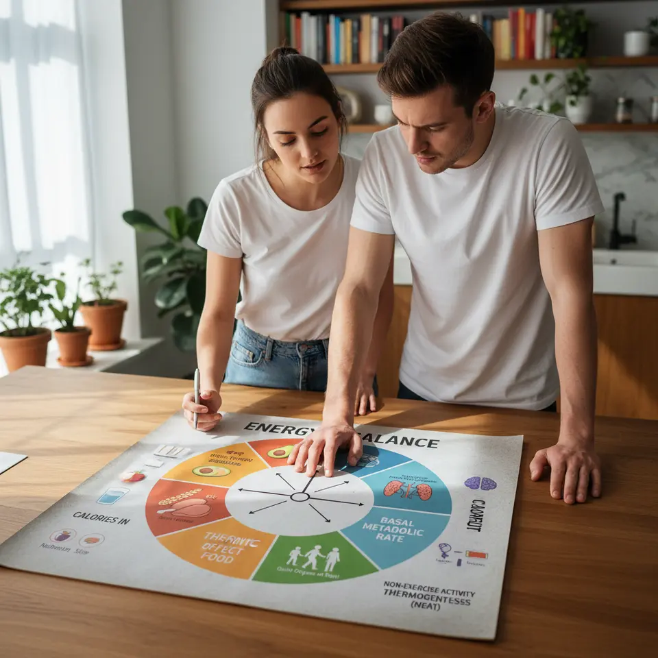 Energy-Balance Infographic: a vibrant diagram contrasting calories in vs. calories out, with labeled segments for Basal Metabolic Rate (quiet organs at rest), Thermic Effect of Food (food icon with heat waves), Non-Exercise Activity Thermogenesis (walking, standing silhouettes), and hormone signals (insulin, leptin, ghrelin icons)