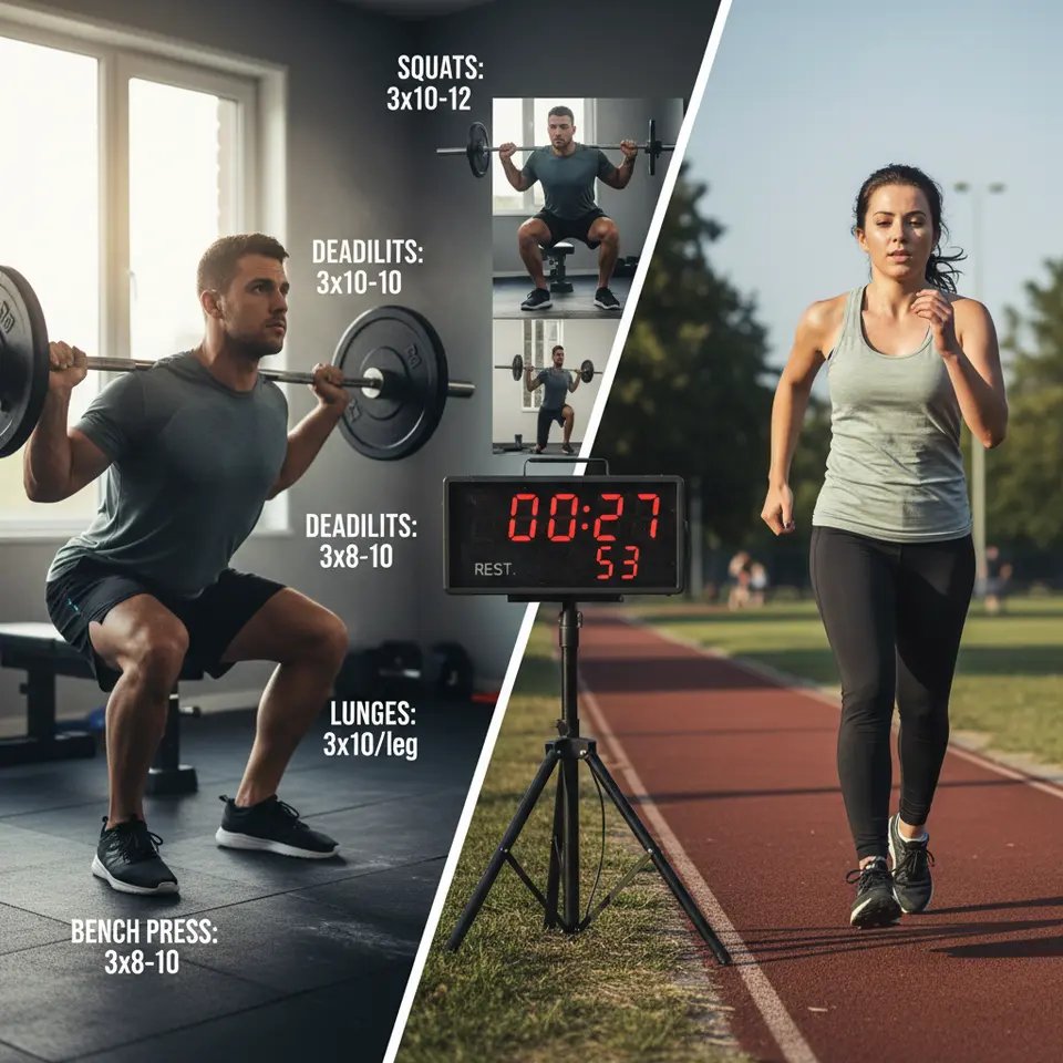 Workout-Plan Split-Scene: one side shows strength training with a figure doing squats, deadlifts, lunges and bench presses—sets and reps annotated—while the other depicts a HIIT session with a runner sprinting against a large interval timer (20–30s work, 40–60s rest)