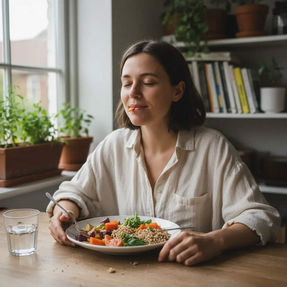 Mindful Eating: A serene, distraction-free dining scene showing a person slowly savoring each bite—utensils set down between chews, colorful vegetables on the plate, eyes closed as they engage all five senses in the meal