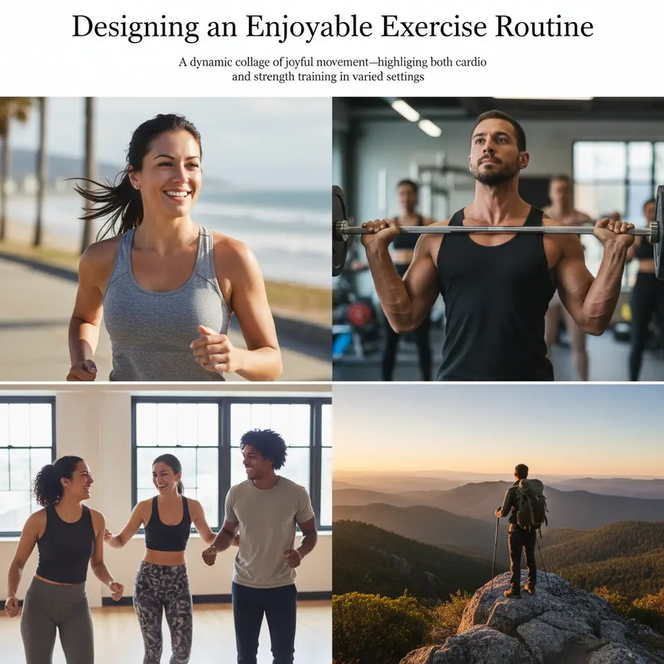 Designing an Enjoyable Exercise Routine: A dynamic collage of joyful movement—someone running outdoors, another lifting weights in a gym, a small group in a dance class and a person hiking—highlighting both cardio and strength training in varied settings