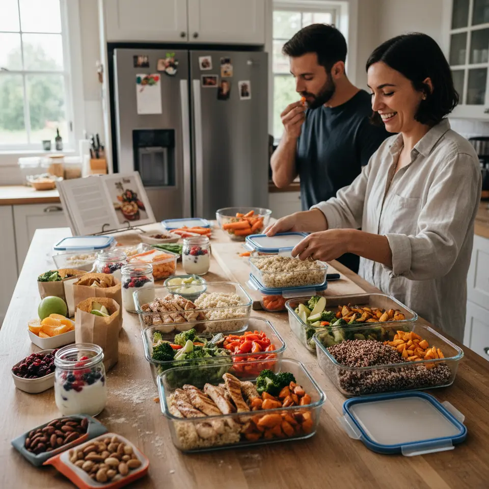 A brightly lit kitchen counter arranged for weekly meal prep: clear glass containers filled with lean proteins (grilled chicken, fish), complex carbs (quinoa, brown rice), colorful roasted vegetables, and small snack packs of nuts and fruit—demonstrating batch cooking and portioned balanced meals for the week.