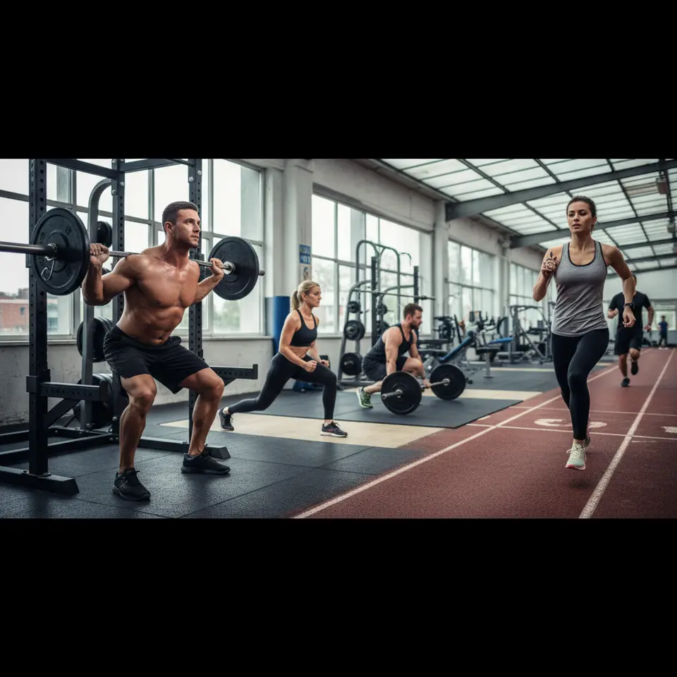 A dynamic gym scene split into two halves: on one side, an athlete performing compound strength moves (squats with barbell, lunges and deadlifts) with proper form; on the other, a runner doing high-intensity interval sprints on a track, stopwatch in hand—illustrating a combined strength and cardio workout routine.